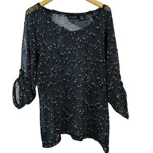 Frazzle Black White Knit Mesh Sparkle Blouse Tunic Top‎ Women's Large